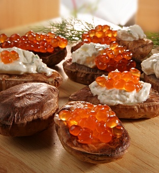 Potato Crisps with Red Caviar and Sour Cream